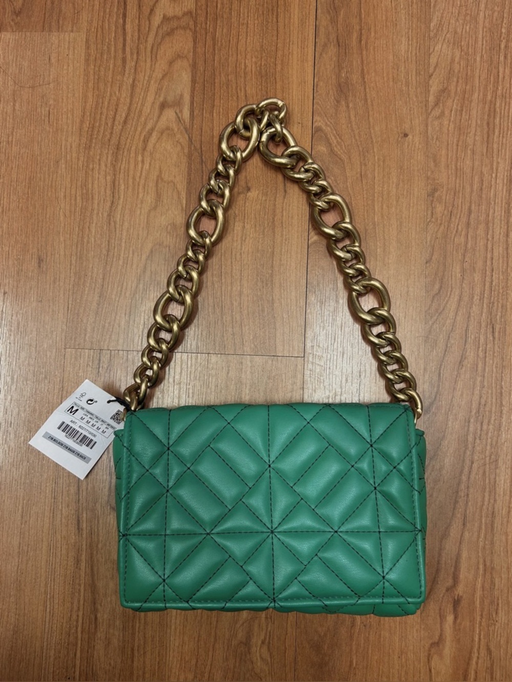 Zara Green Quilted Shoulder Bag with Gold Chain